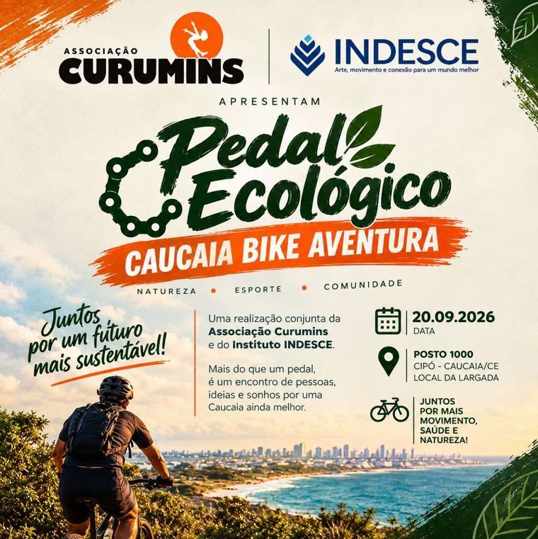 Cartaz do Pedal Ecológico Caucaia Bike Aventura, com ciclista e praia ao fundo